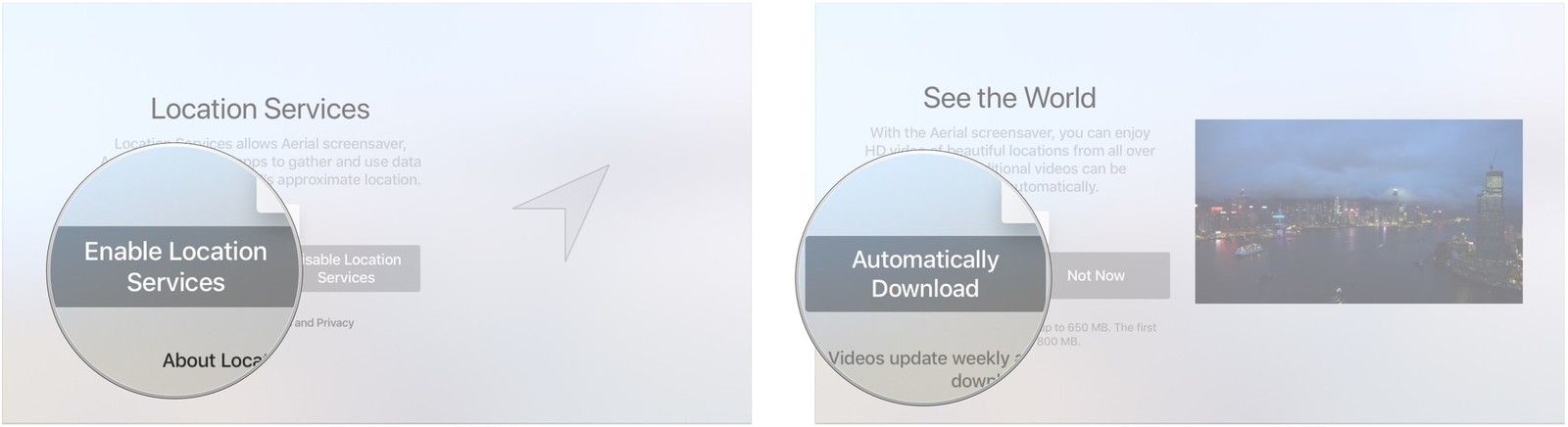 Включить местоположение, выбрать настройки заставки