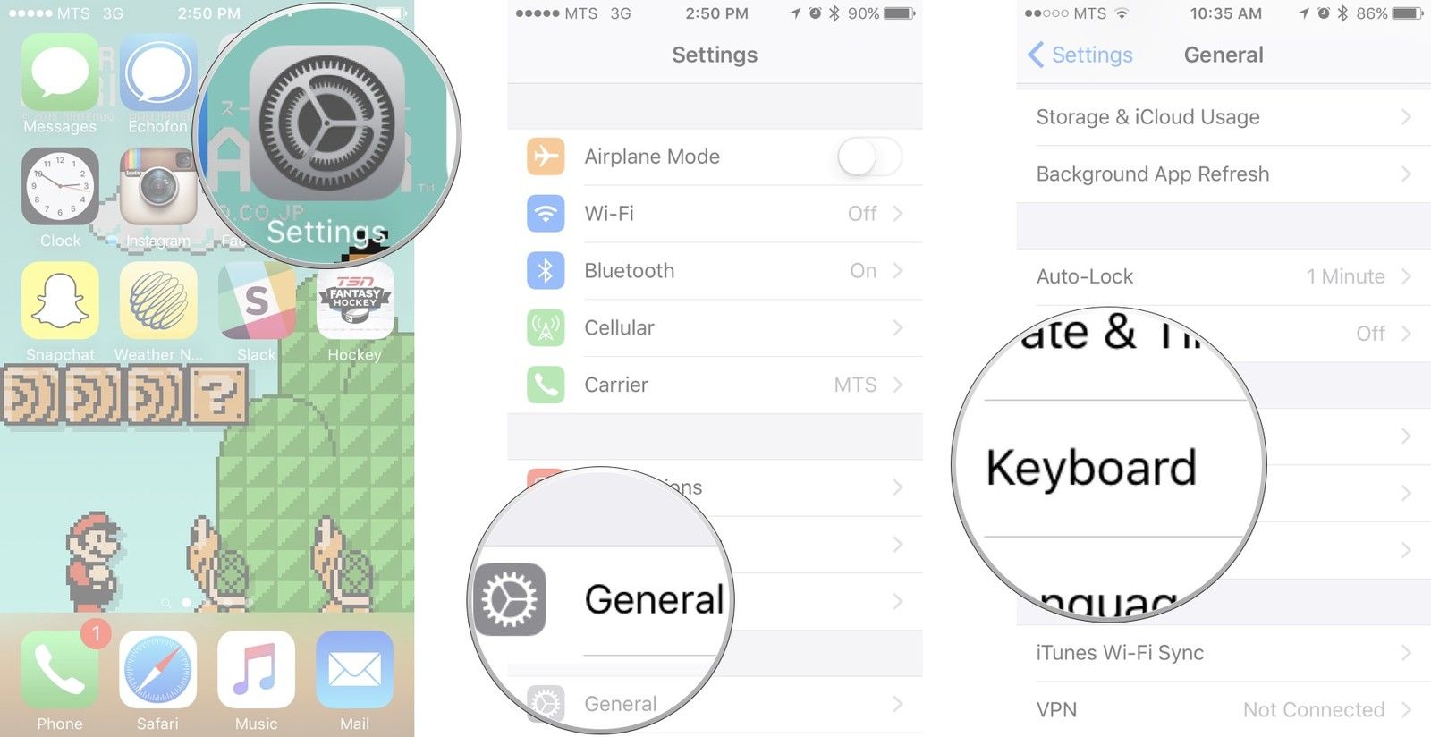 Запустите приложение «Настройки», нажмите «Общие», а затем нажмите на клавиатуре.