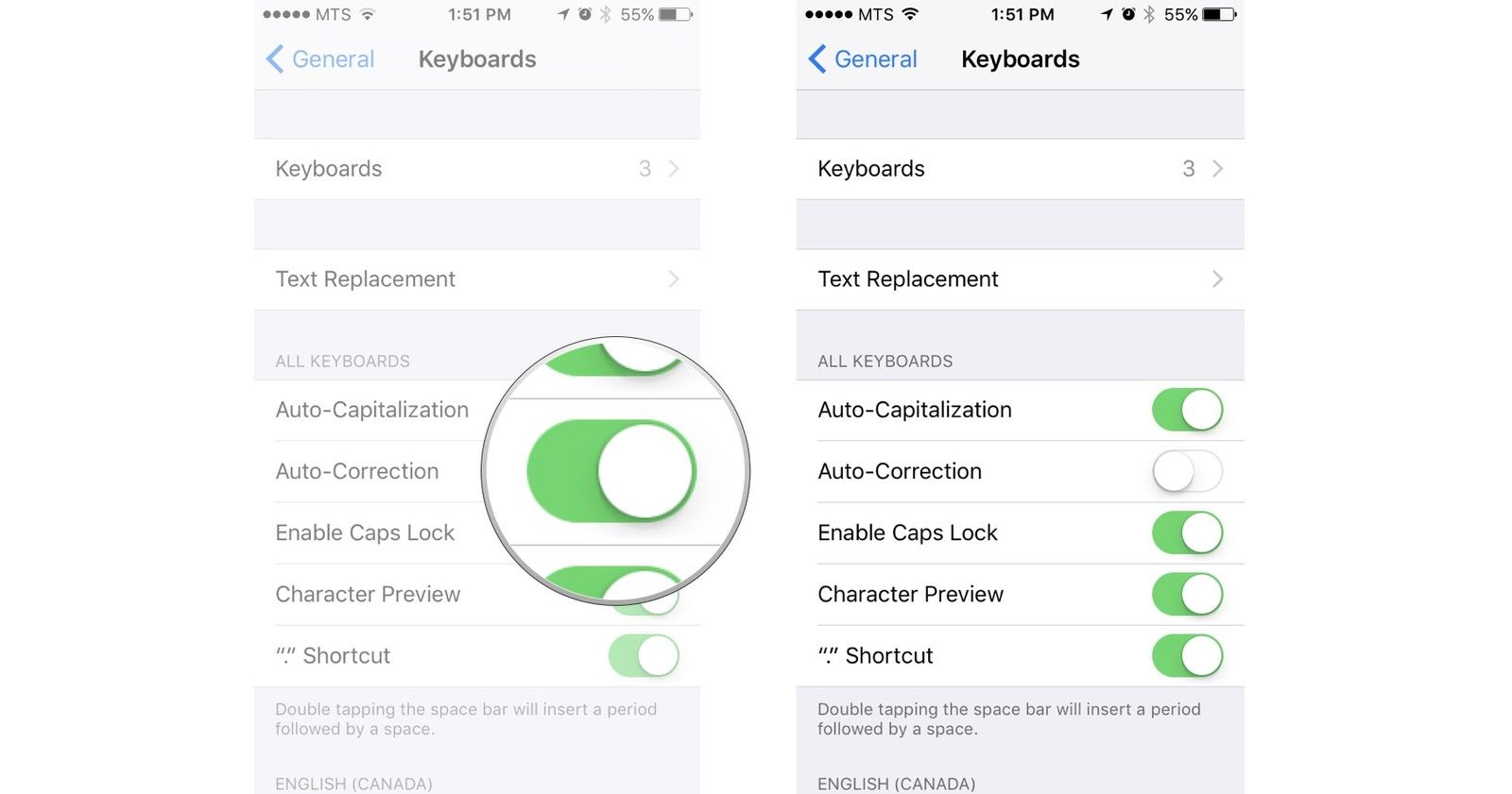 Нажмите на переключатель вкл / выкл рядом со словами автокоррекции.