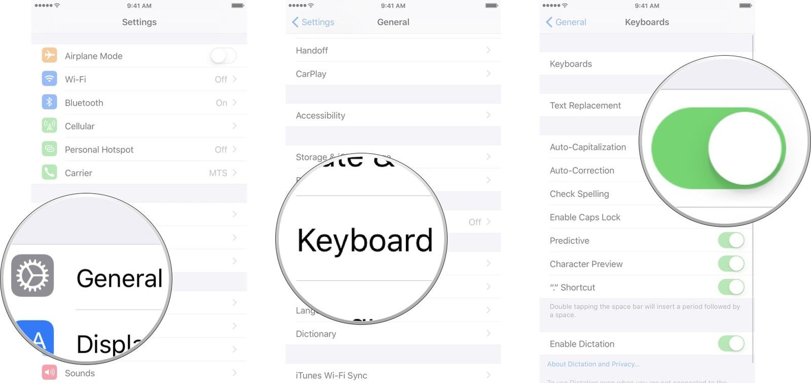 Запустите приложение «Настройки», нажмите «Общие», нажмите «Клавиатура», а затем нажмите переключатель «Вкл / Выкл» рядом со словами «Автокапитализация».