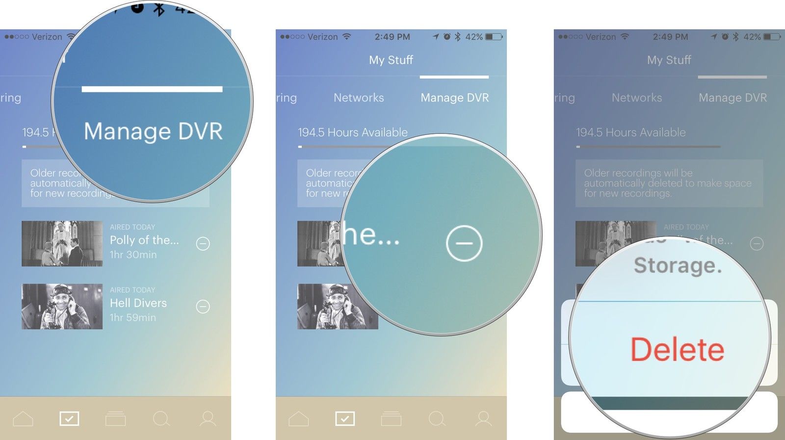 Выберите Управление DVR, затем нажмите кнопку удаления, затем выберите Удалить