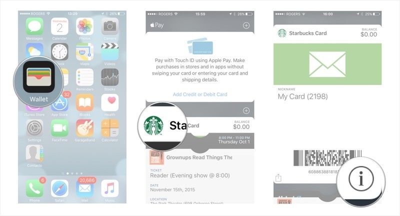 Запустите приложение Кошелек, нажмите на карту, нажмите на кнопку информации.