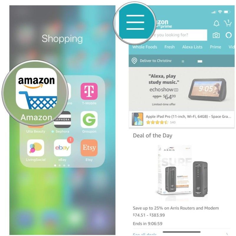 Запустите приложение Amazon, перейдите в Меню Запустите приложение Amazon, перейдите в Меню