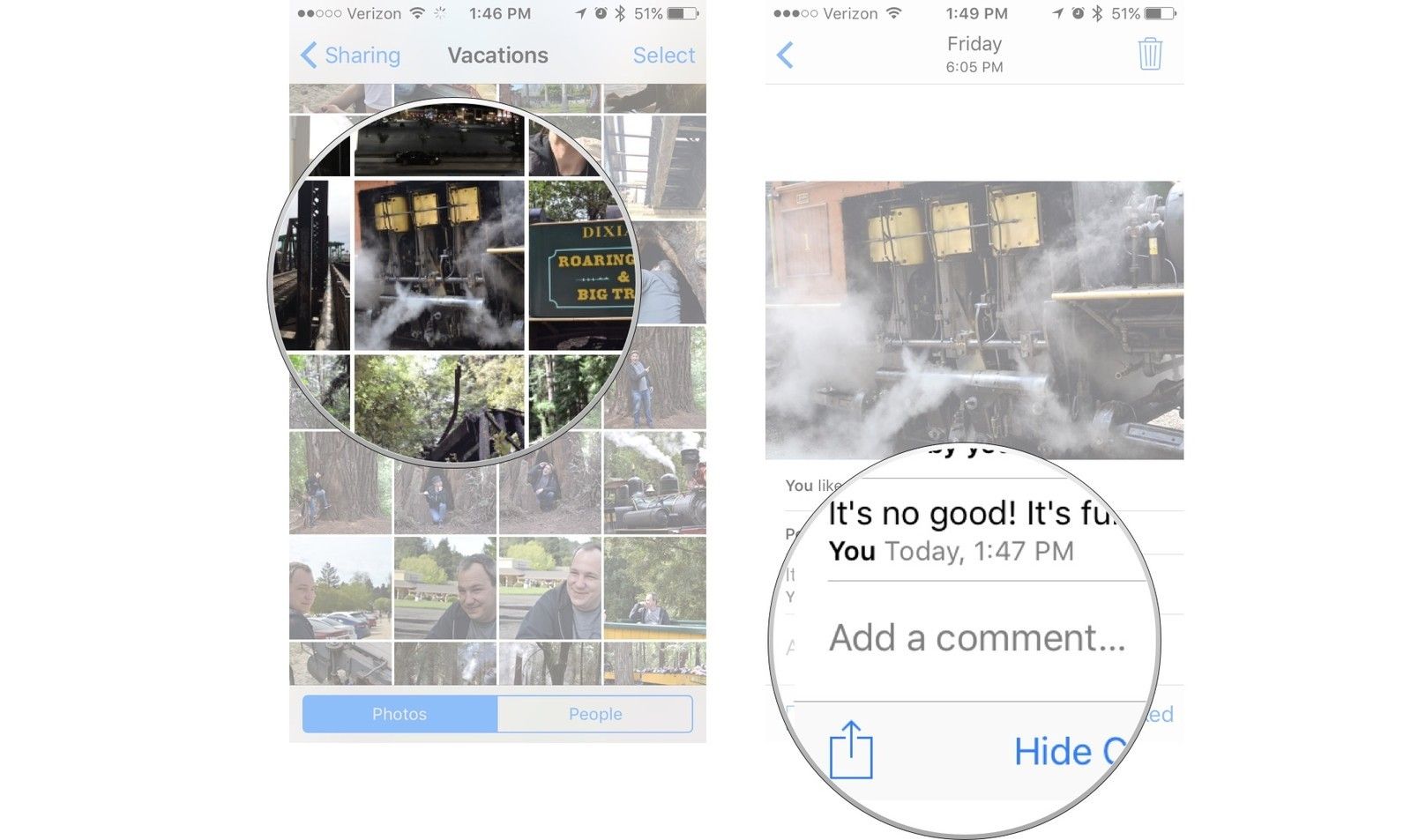 Нажмите на фотографию, затем нажмите Добавить комментарий или Нравится