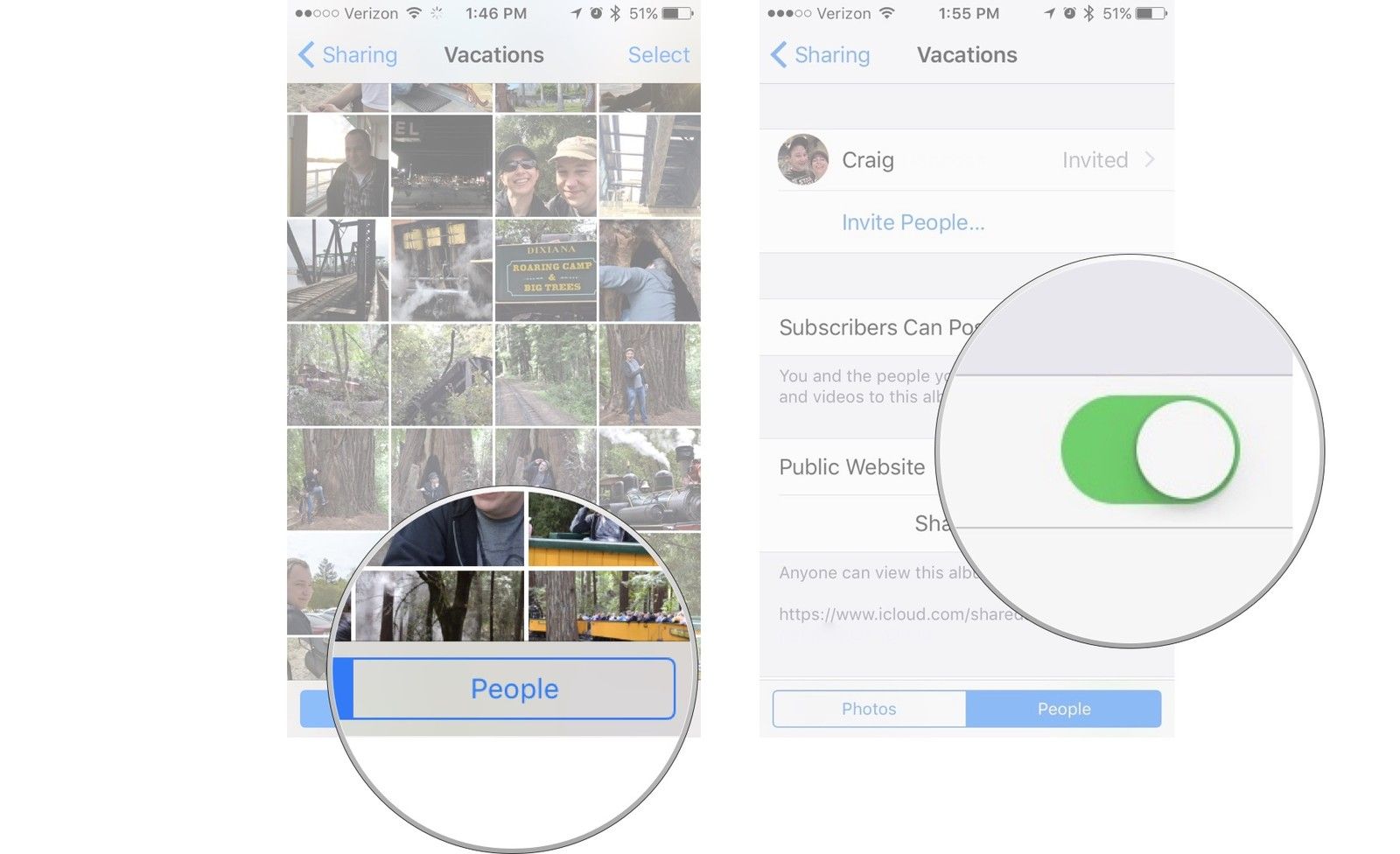 Нажмите «Люди», затем включите общедоступный веб-сайт.