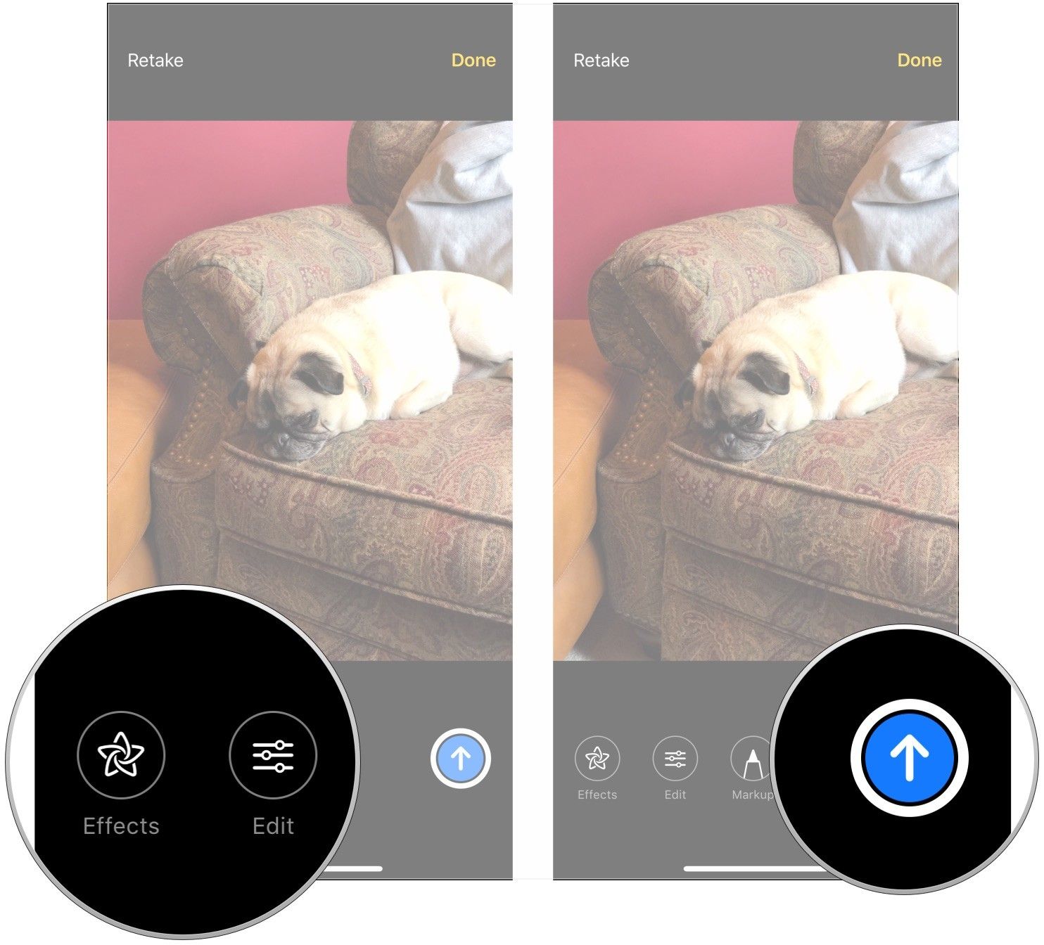 Нажмите «Эффекты», «Изменить» или «Разметка», нажмите «Отправить».