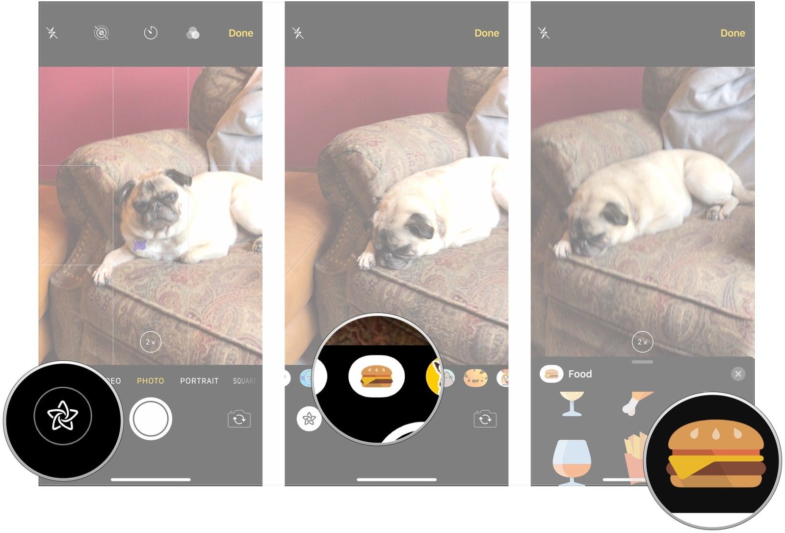 Нажмите «Эффекты», нажмите на эффект или наклейку, нажмите на эффект / наклейку