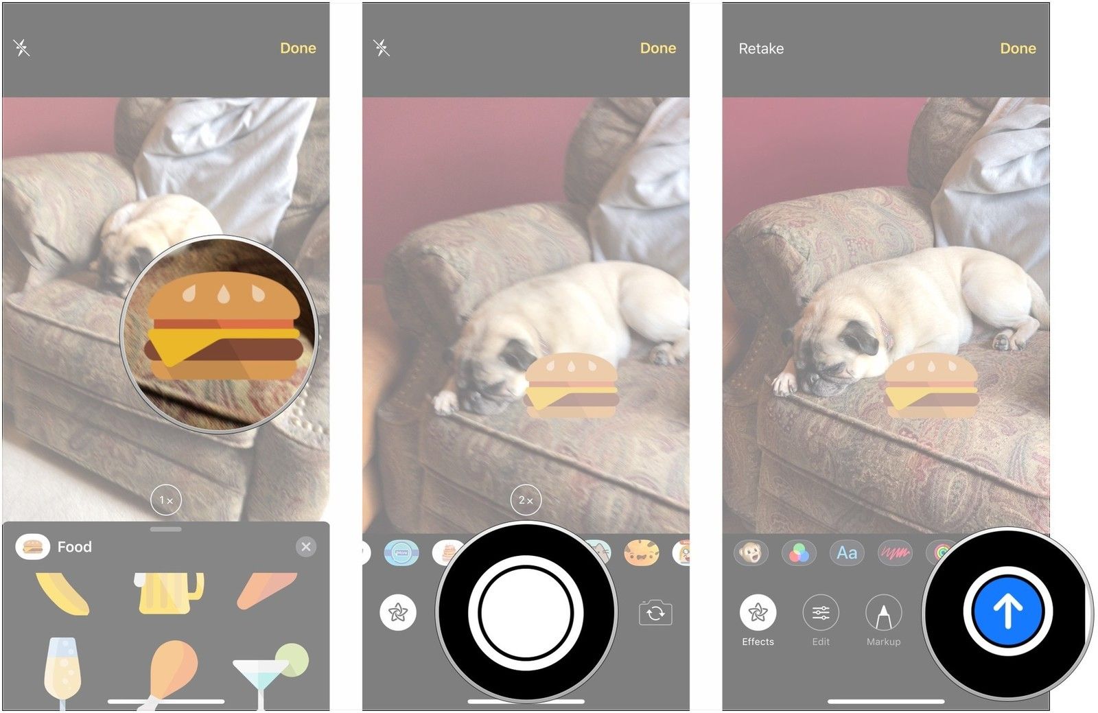 Поместите эффект, сделайте фото, нажмите Отправить