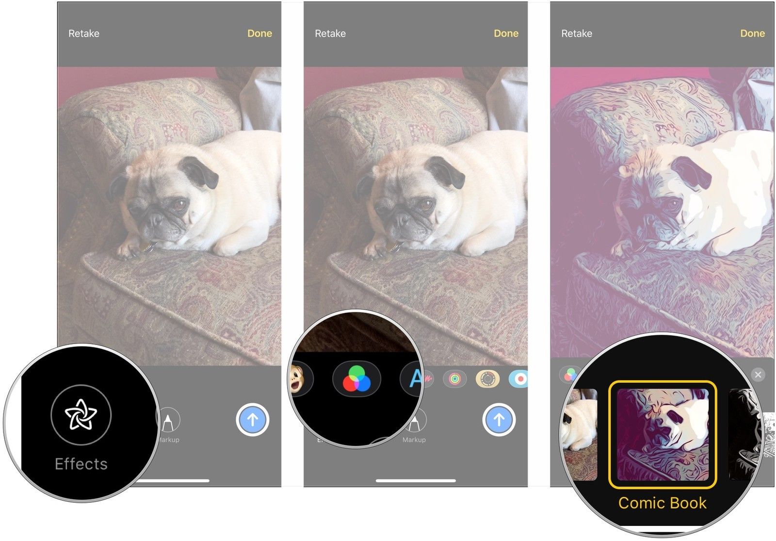 Нажмите «Эффекты», нажмите кнопку «Эффект / стикер», выберите эффект / стикер