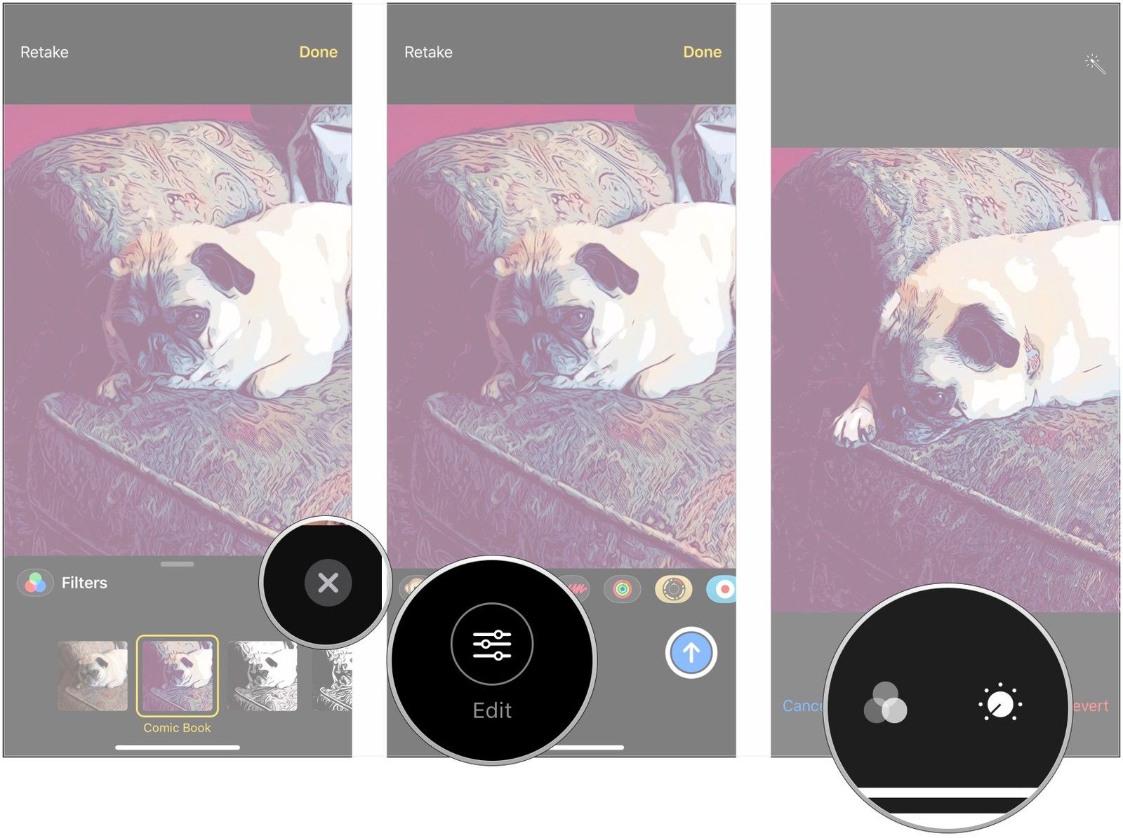 Нажмите X, нажмите «Изменить», отредактируйте фото / видео