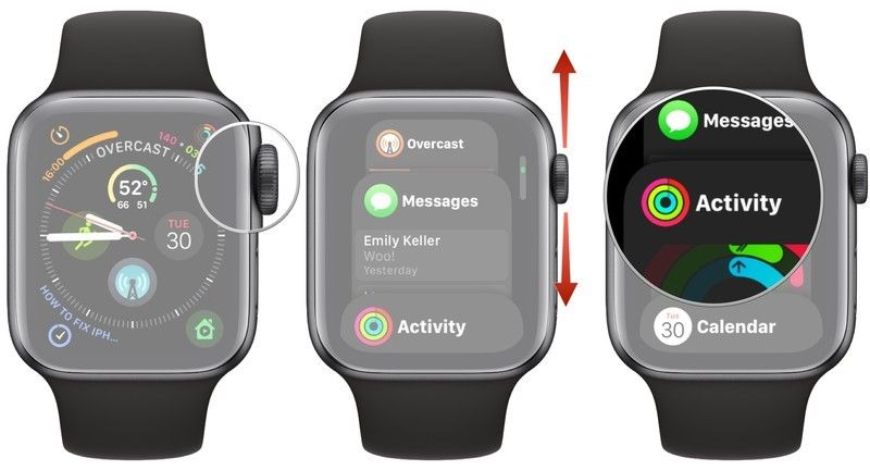 Нажмите боковую кнопку, прокрутите цифровую корону или палец, нажмите на приложение