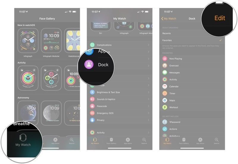 Нажмите «Мои часы», нажмите «Док», нажмите «Изменить».