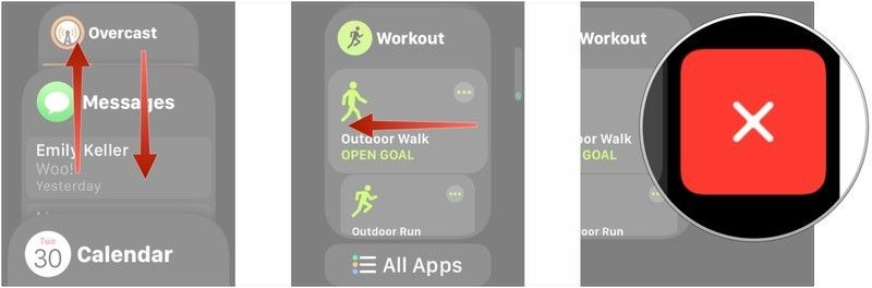 Прокрутите вверх или вниз в Dock, проведите влево в приложении, нажмите красную кнопку