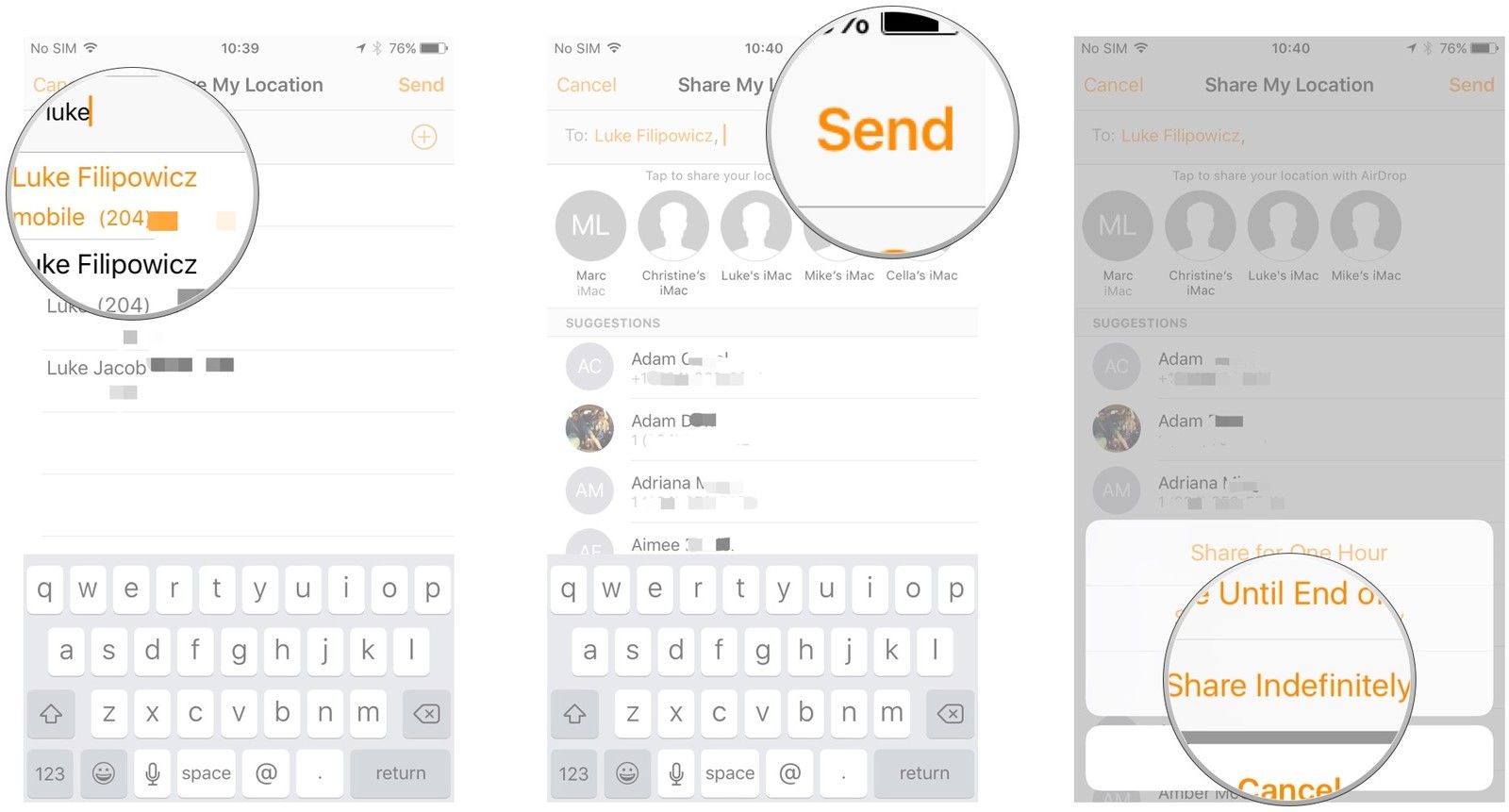 Нажмите на карточку контакта. Нажмите Отправить. Нажмите вариант времени.
