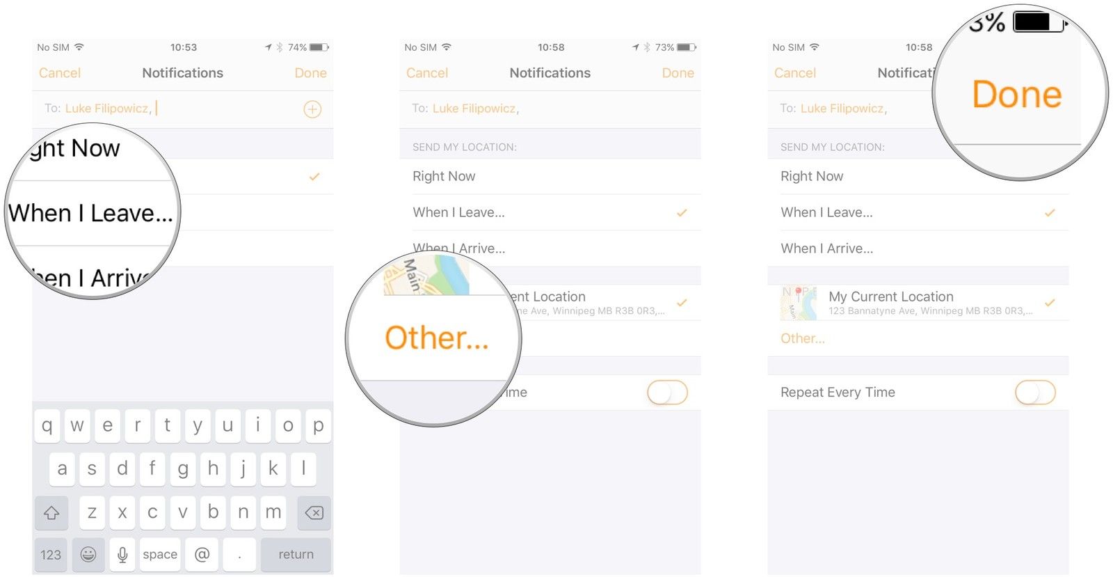Нажмите Когда я уезжаю или когда я прибуду. Нажмите Другое, если вы'd like to change the location. Tap Done