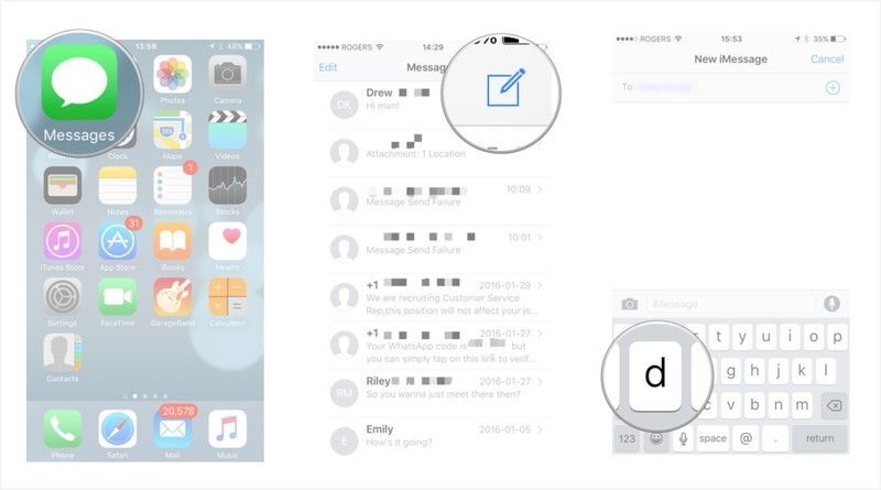 Запустите сообщения-нажмите на составить новое сообщение и введите контакт's name.