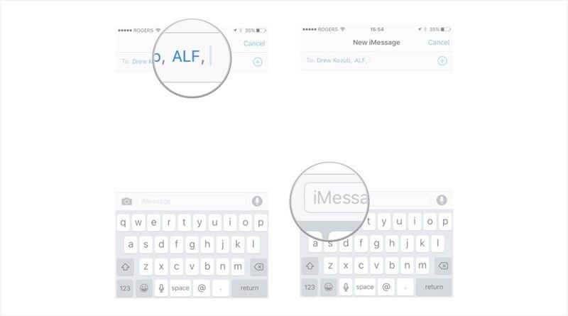 Введите свой следующий контакт's name and tap inside the text field in your message.