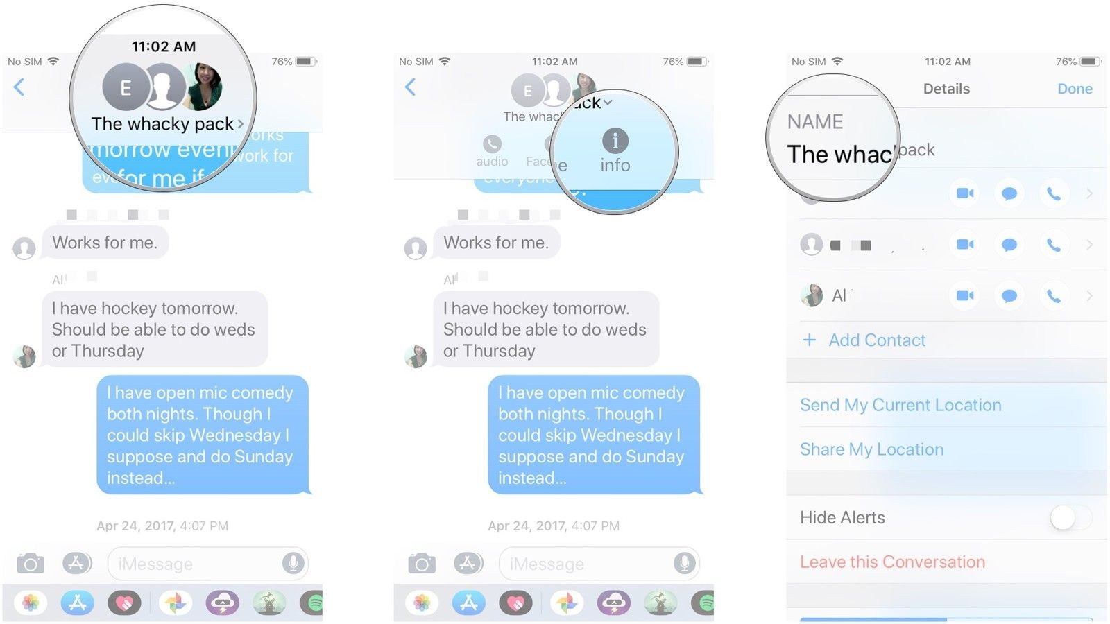 Нажмите на контакты вверху, нажмите информация, нажмите имя, добавьте имя, нажмите Готово
