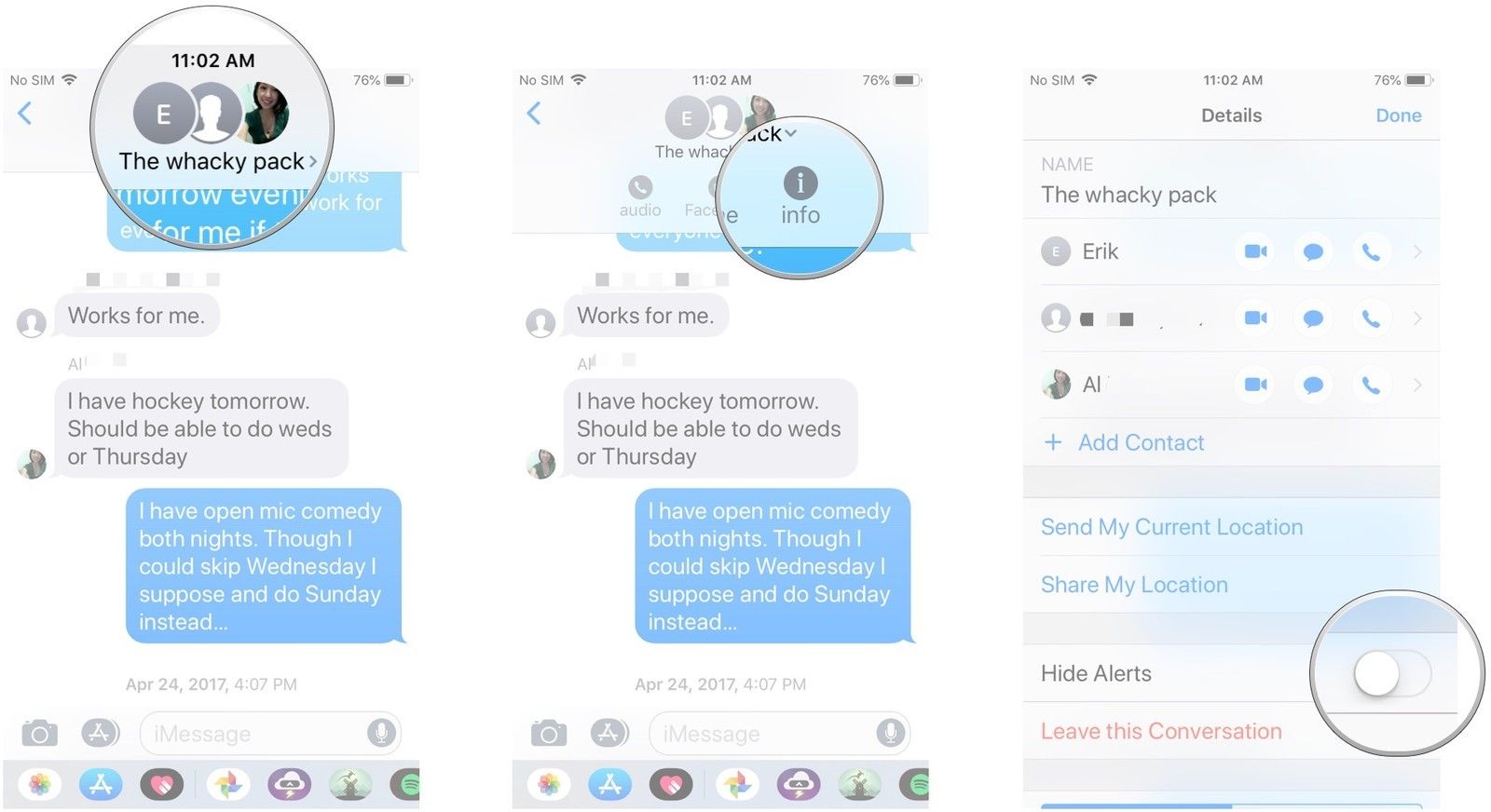 Нажмите на контакты в верхней части, нажмите информация, нажмите Скрыть оповещения