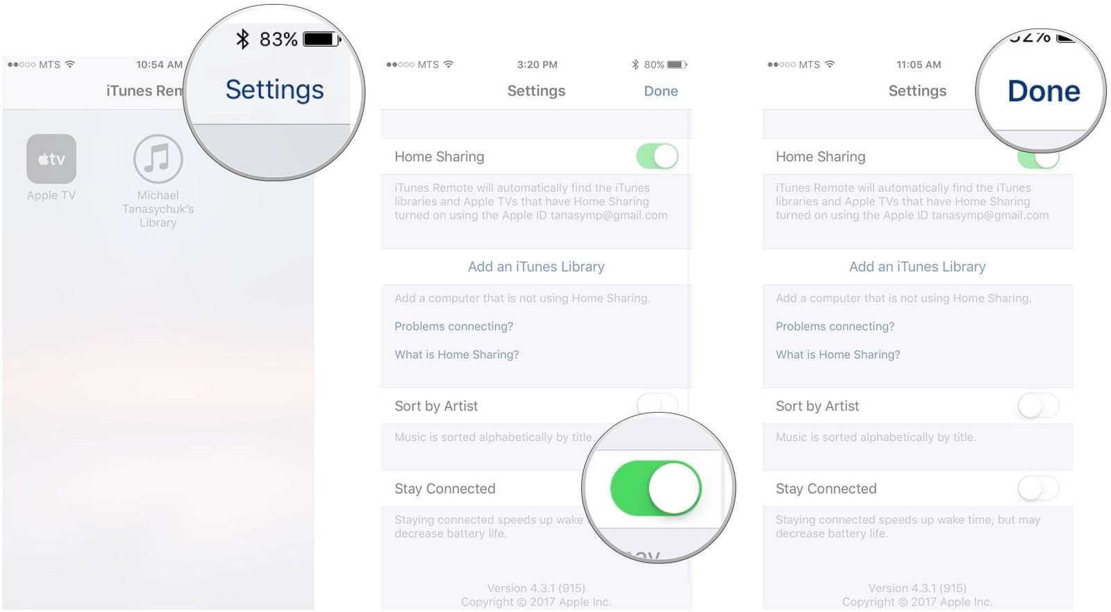 Нажмите «Настройки», нажмите переключатель рядом с «Оставаться на связи», нажмите «Готово».