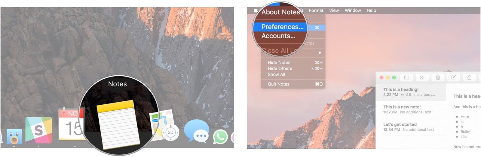 Открыть заметки, открыть настройки