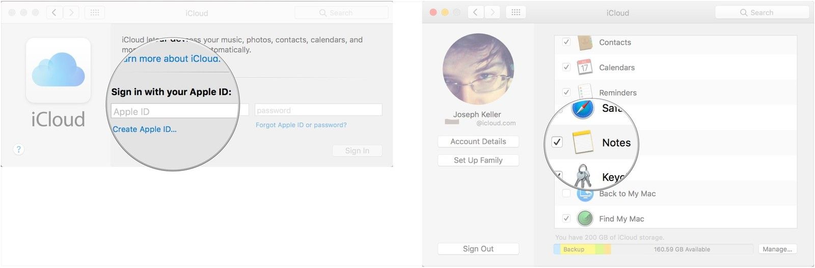 Введите учетные данные, установите флажок Заметки