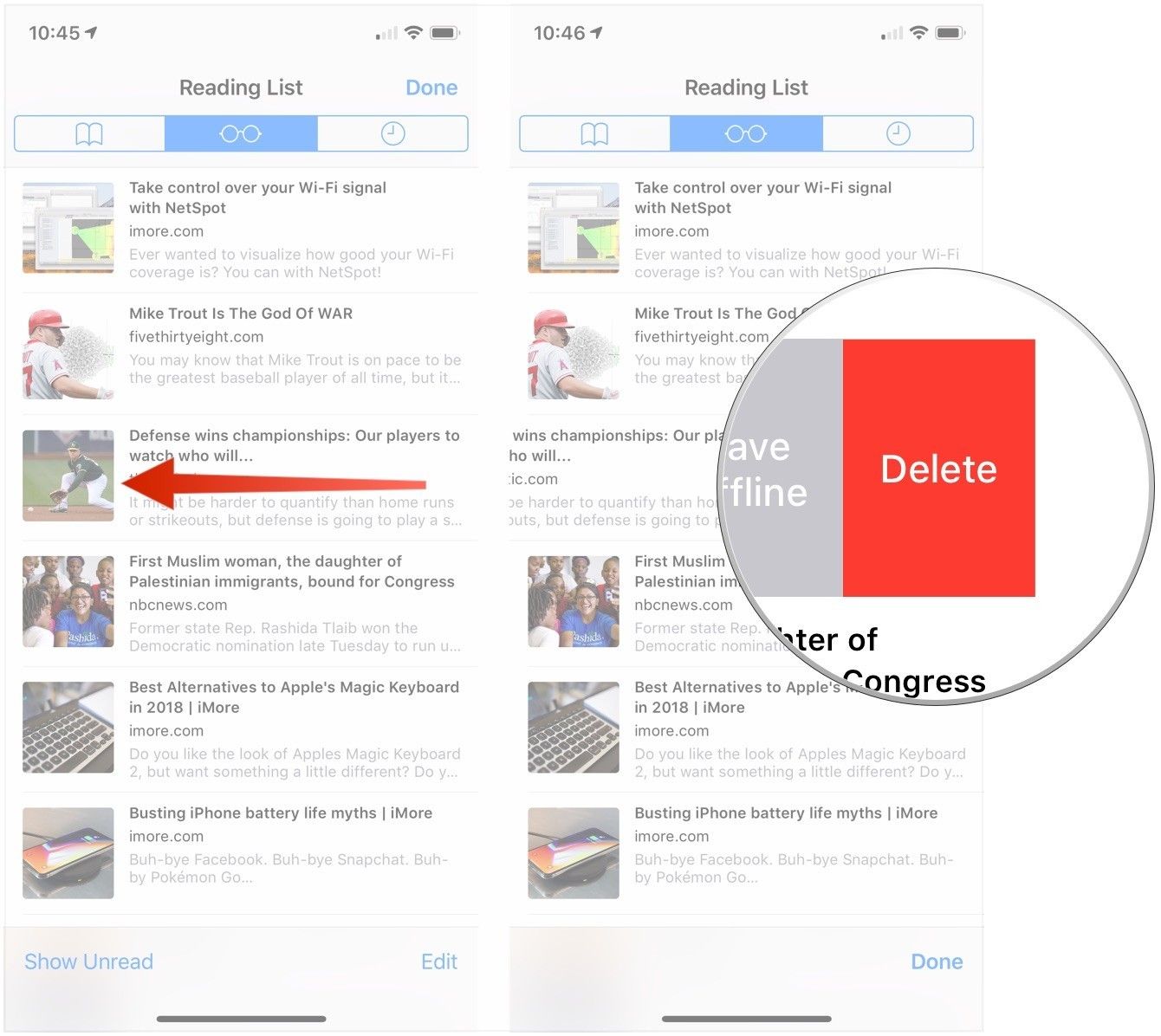Проведите пальцем влево по статье, нажмите Удалить