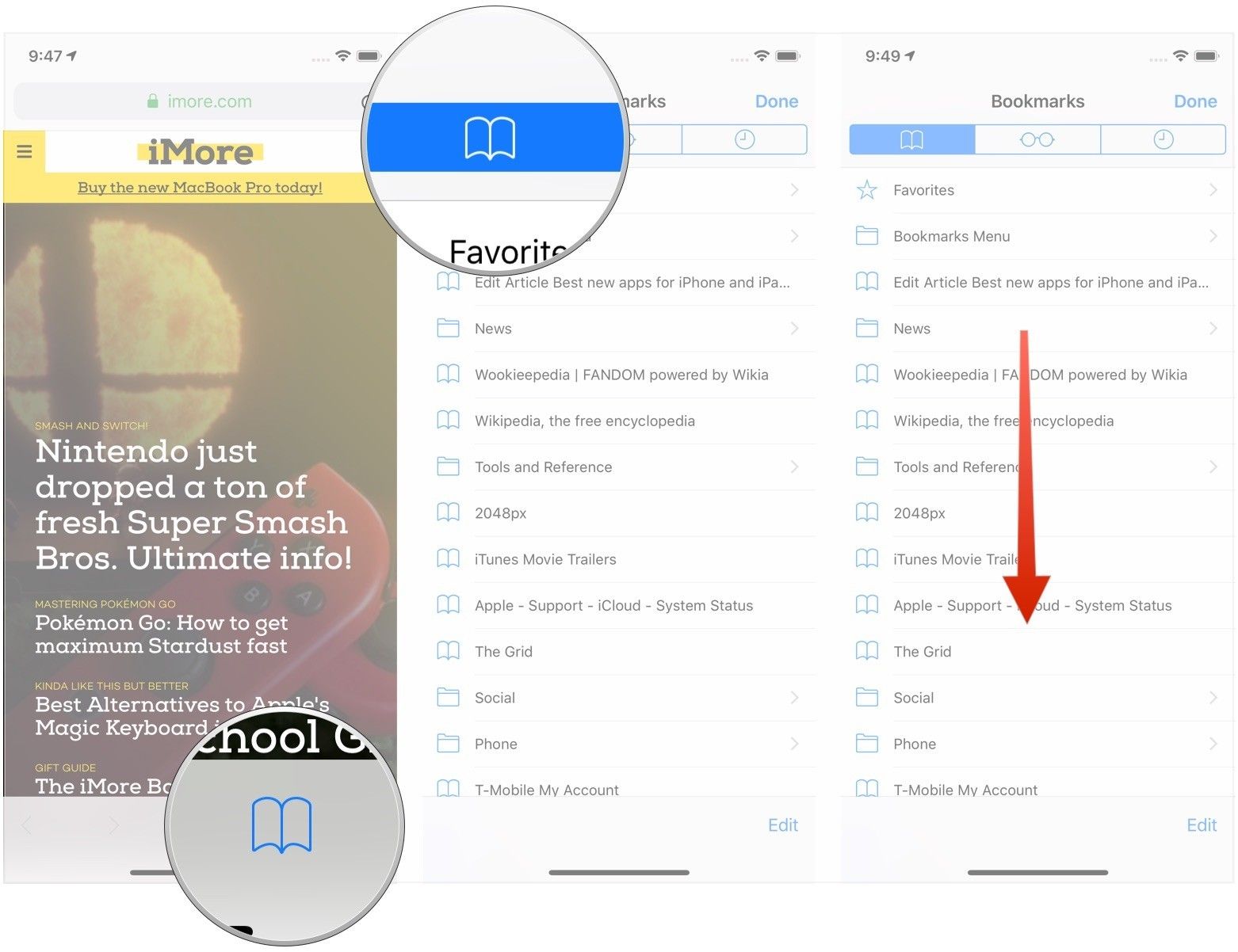 Нажмите кнопку Закладки, нажмите значок Закладки, выпадающий список