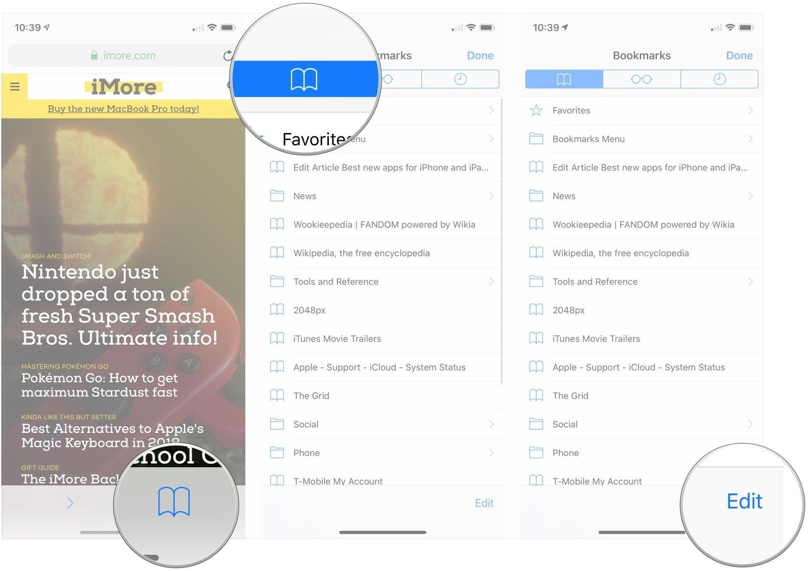 Нажмите кнопку «Закладки», нажмите значок «Закладки», нажмите «Изменить»