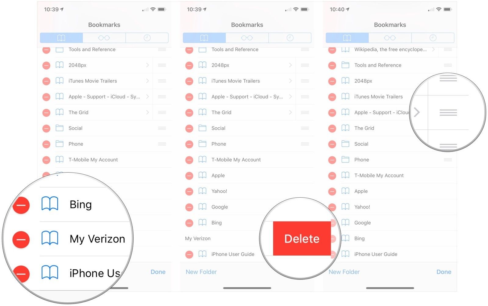 Нажмите -, нажмите «Удалить», нажмите и удерживайте панель позиционирования