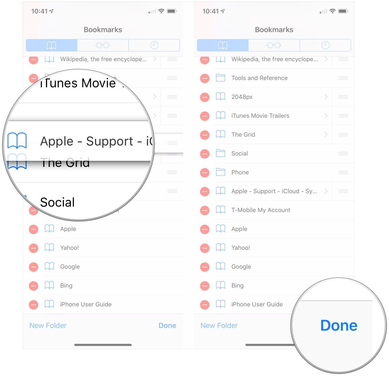 Перетащите закладку на новое место, нажмите «Готово».
