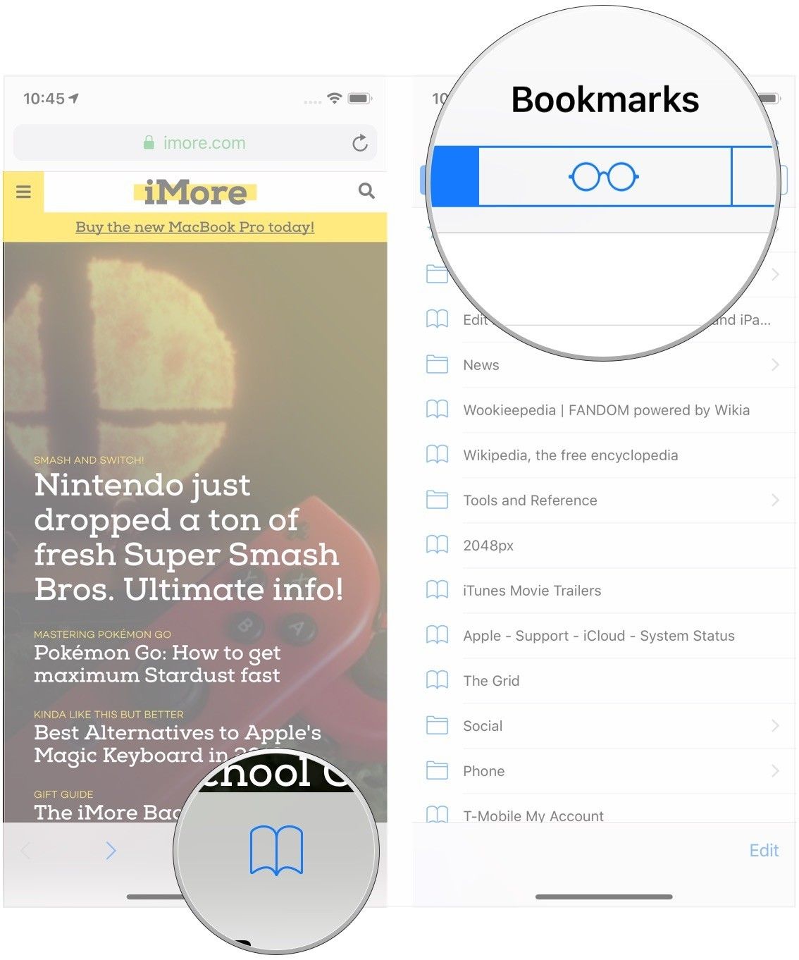 Нажмите кнопку «Закладки», нажмите значок «Список чтения»