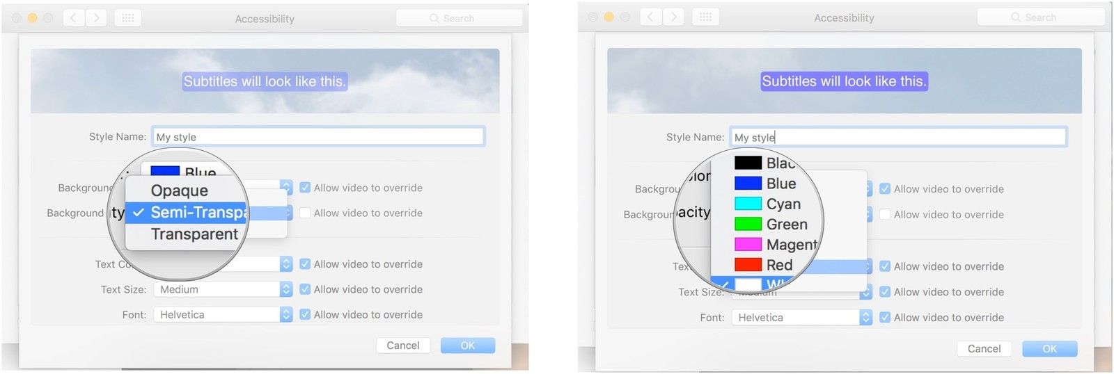 Нажмите цвет фона непрозрачности, нажмите цвет текста