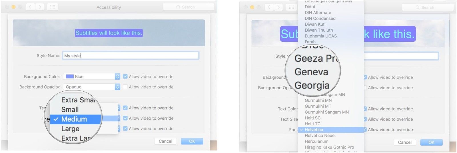 Выберите размер текста, нажмите шрифт