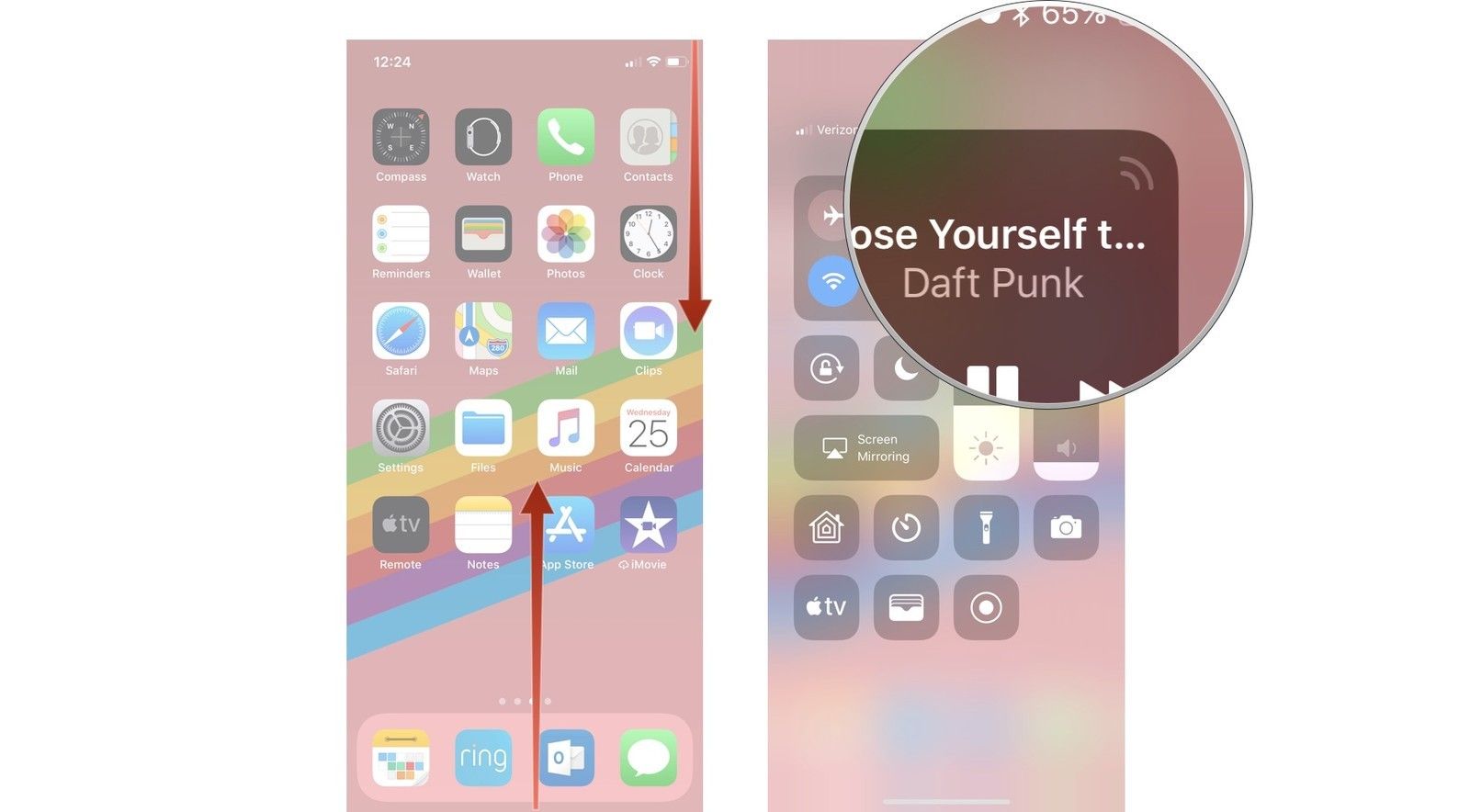 Проведите пальцем, чтобы запустить Центр управления, затем нажмите кнопку выбора динамика в виджете «Сейчас исполняется»