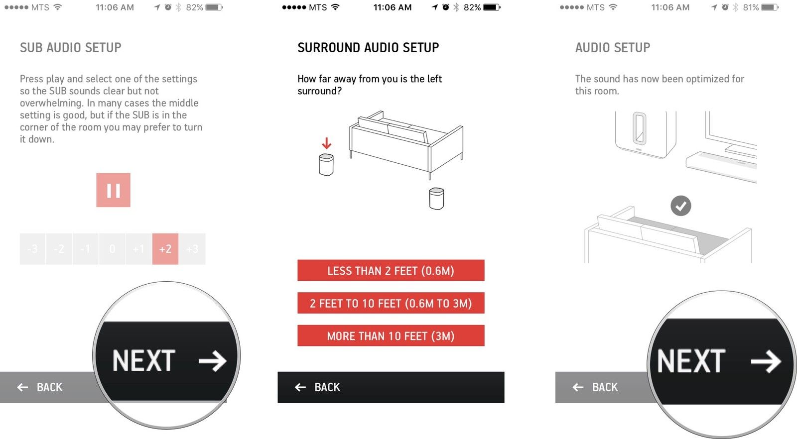 Нажмите «Далее», выберите расстояние до задних громкоговорителей, а затем нажмите «Далее» на экране настройки звука.