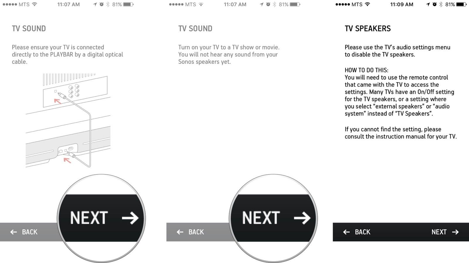 Нажмите «Далее», нажмите «Далее» после воспроизведения фильма или телепередачи, а затем установите для динамиков телевизора настройку внешнего звука.