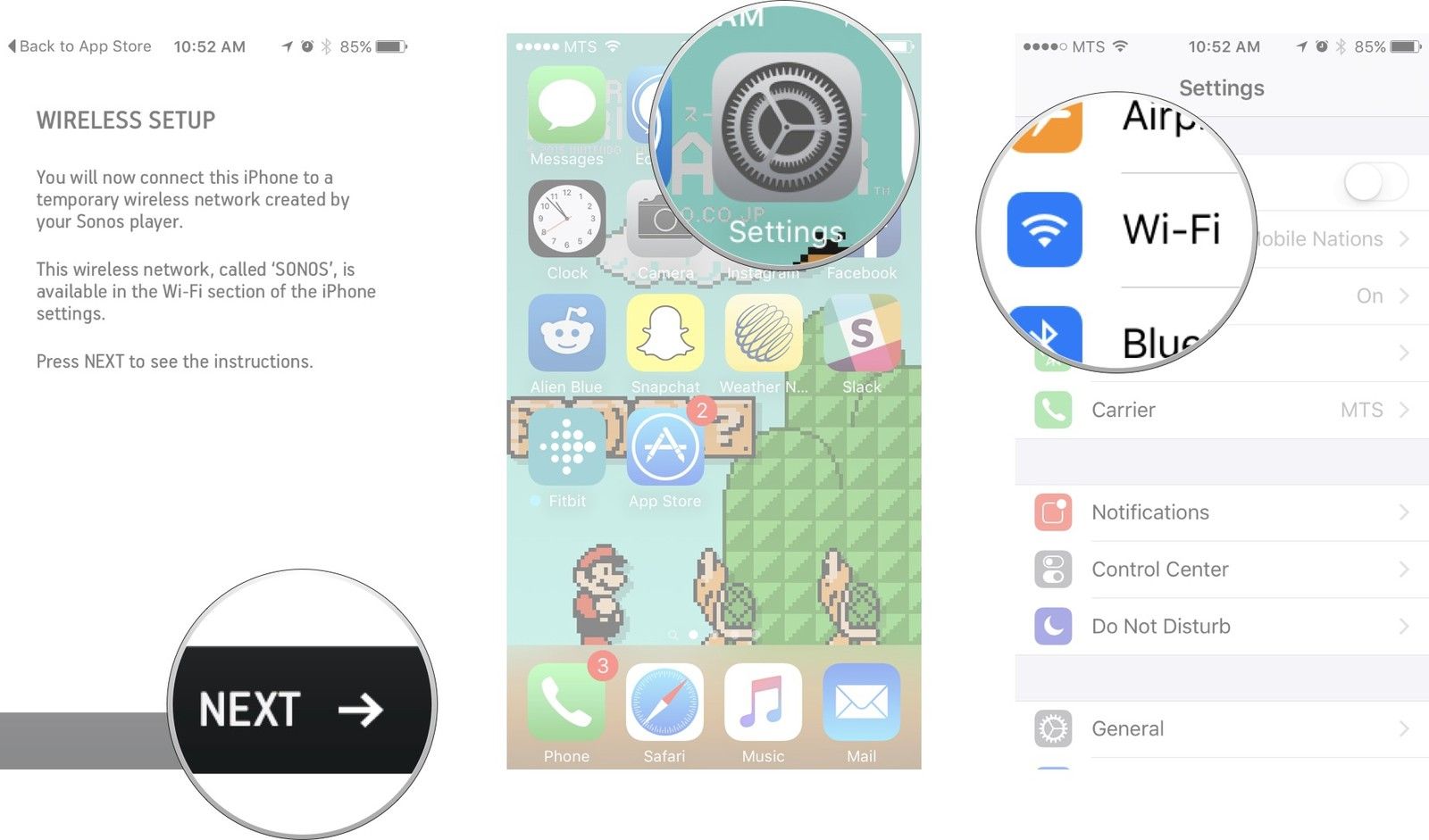 Нажмите «Далее», дважды нажмите кнопку «Домой», чтобы вернуться на главный экран, запустить приложение настроек, а затем нажмите на Wi-Fi.