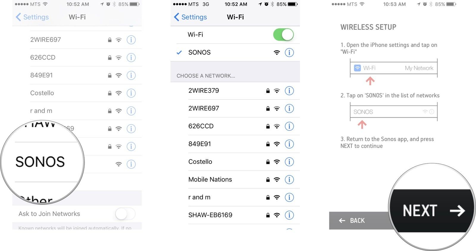 Нажмите на SONOS, подождите, пока ваш телефон подключится к сети, вернитесь в приложение Sonos Controller, а затем нажмите «Далее».