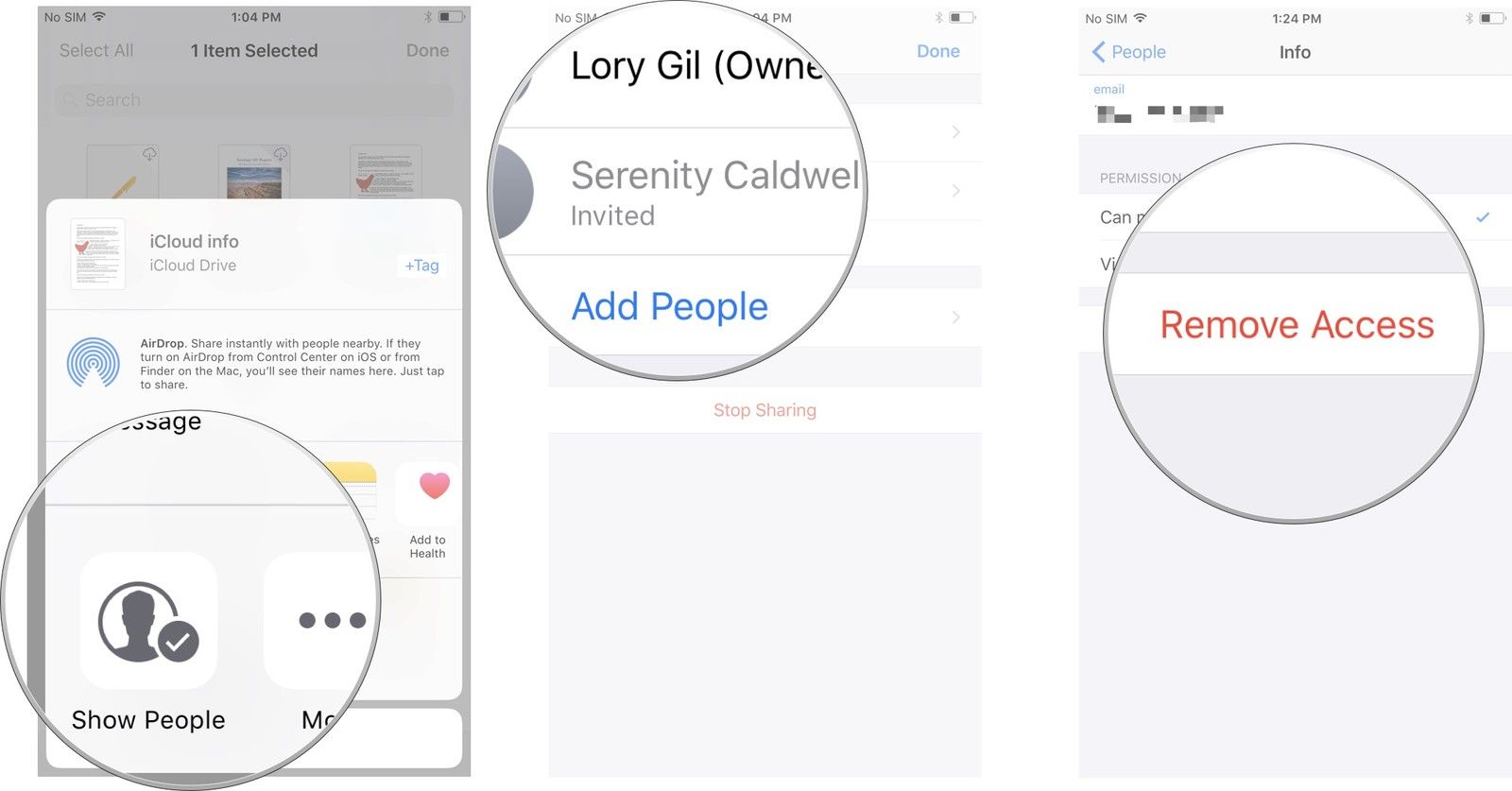 Нажмите Показать людей, затем выберите контакт, затем нажмите «Удалить доступ».