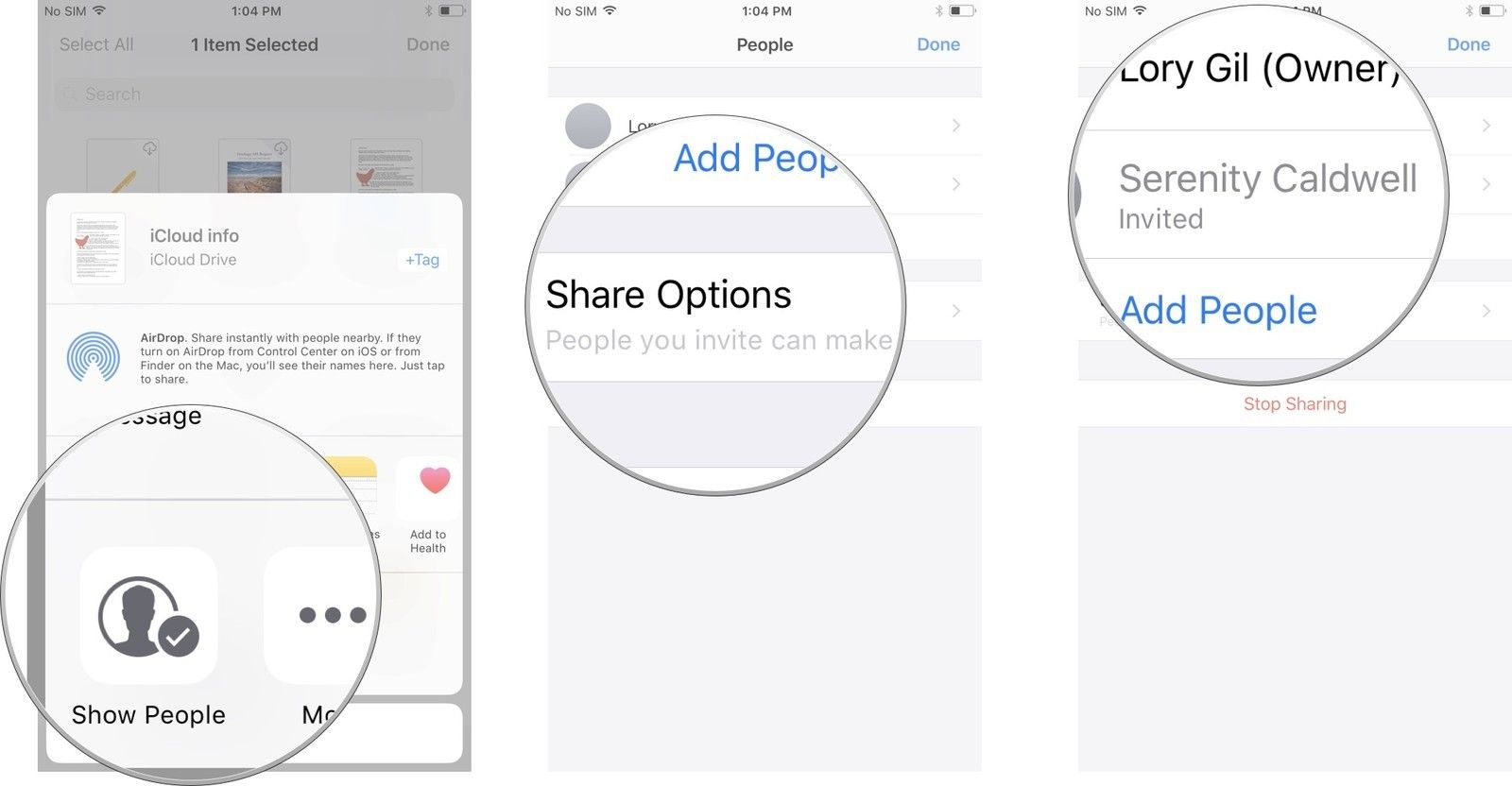 Нажмите Показать людей, затем нажмите Поделиться параметрами или выберите контакт.