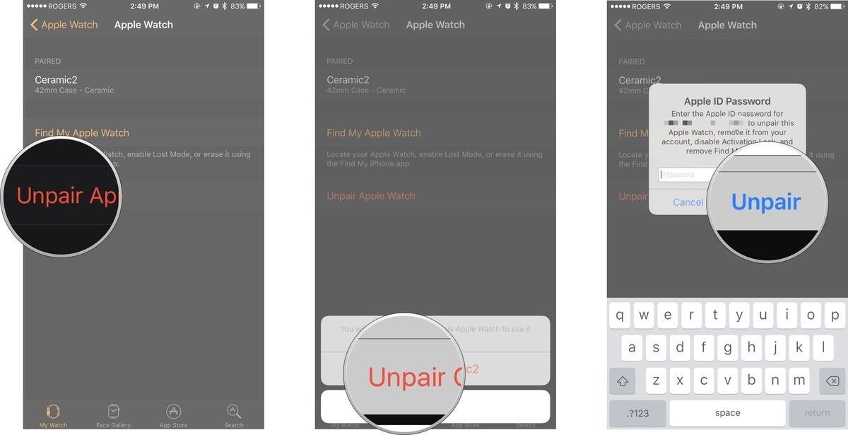 Нажмите на часы, затем нажмите «Unpair», затем нажмите «Unpair».