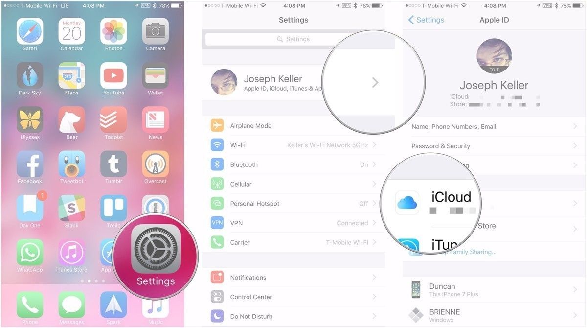 Запустите приложение «Настройки», затем нажмите свой Apple ID, затем нажмите «iCloud».