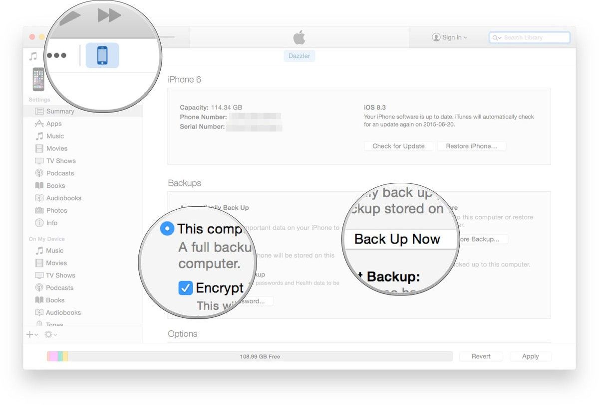 Нажмите значок телефона, затем нажмите «Зашифровать резервную копию», затем нажмите «Создать резервную копию сейчас».
