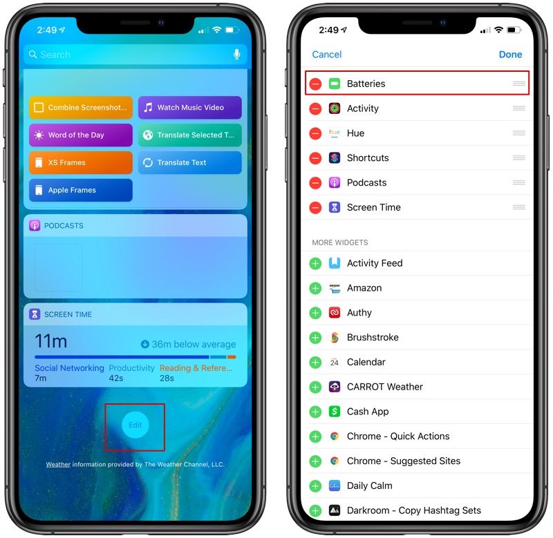 включение виджетов в Центре уведомлений