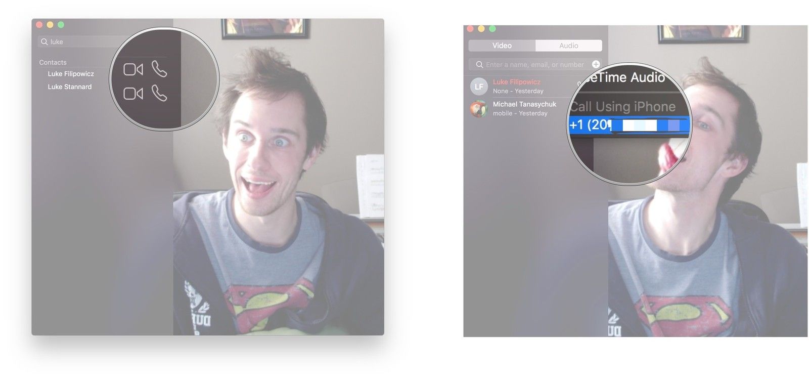 Введите имя или номер телефона, нажмите кнопку телефона, выберите номер в разделе «Звонок через iPhone»