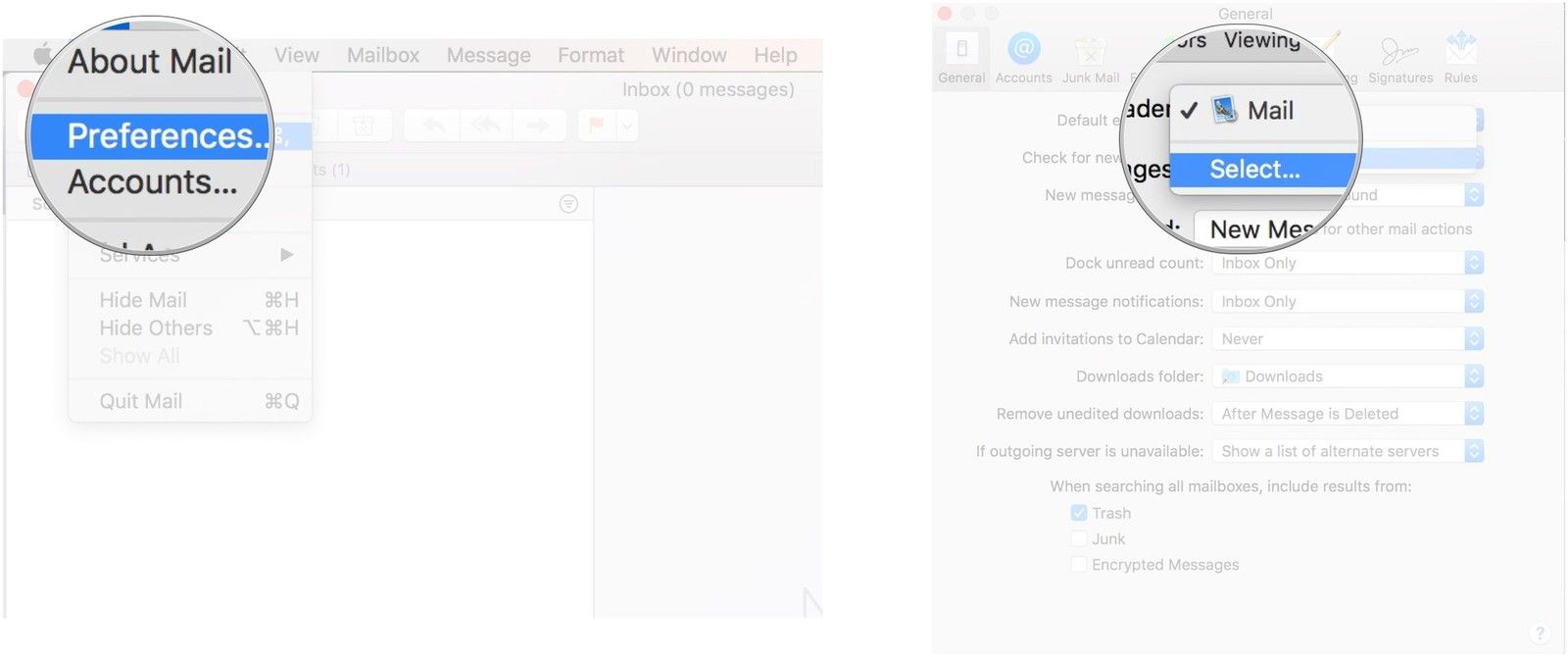 Запустите Mail, нажмите &laquo;Почта&raquo;, нажмите &laquo;Настройки&raquo;, щелкните раскрывающийся список рядом с &laquo;Средство чтения почты по умолчанию&raquo;, выберите приложение, которое вы хотите использовать по умолчанию.