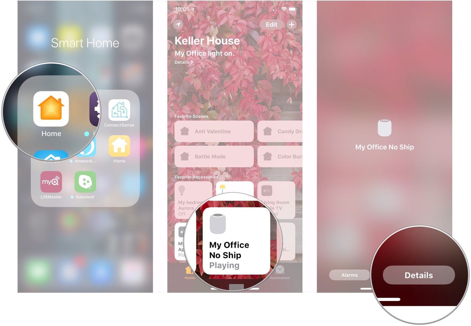Откройте дом, 3D Touch HomePod, нажмите Детали