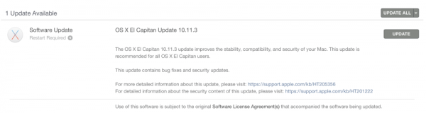 Apple выпускает обновление OS X 10.11.3 для повышения стабильности, совместимости и безопасности